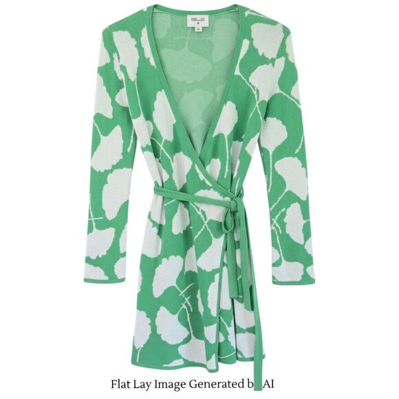 Diane Von Furstenberg XS Green & White Ginko Leaf Wrap Sweater Top Dress - Picture 5 of 16